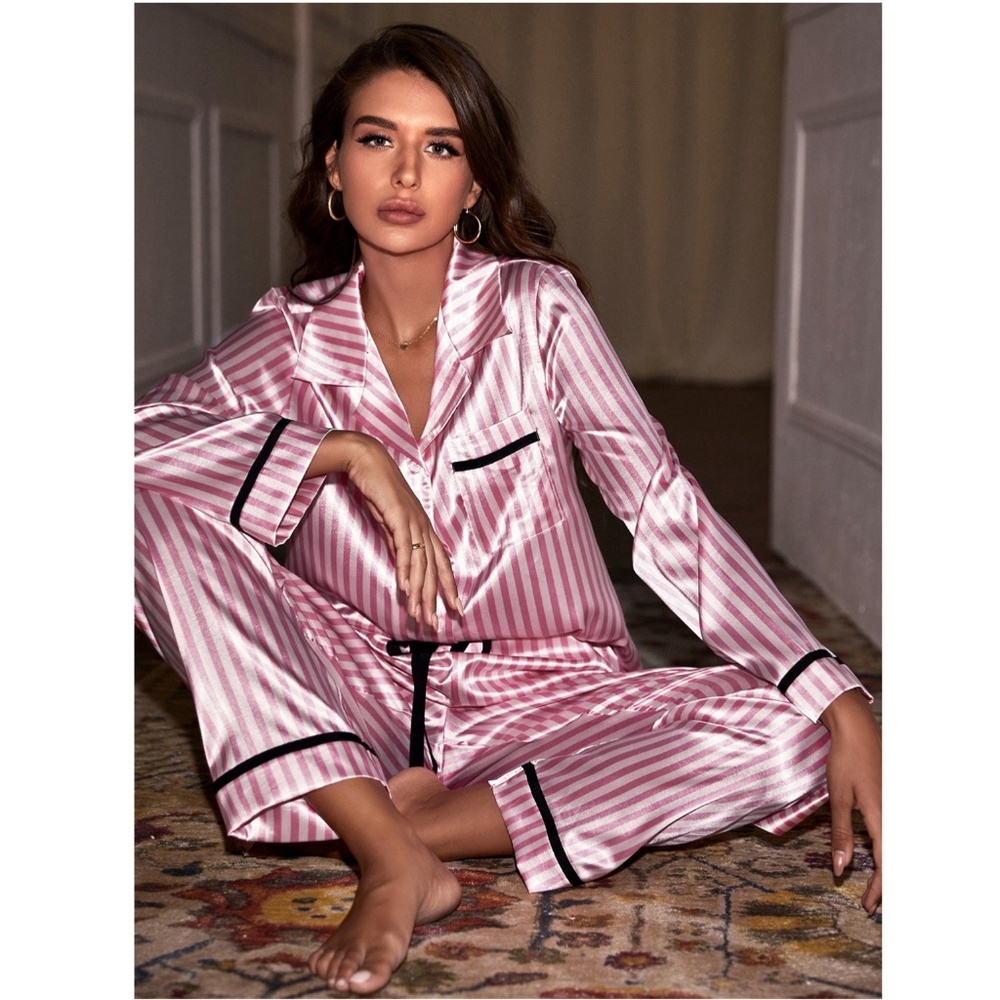 Satin Pink Stripes 2 Piece Pajamas Set